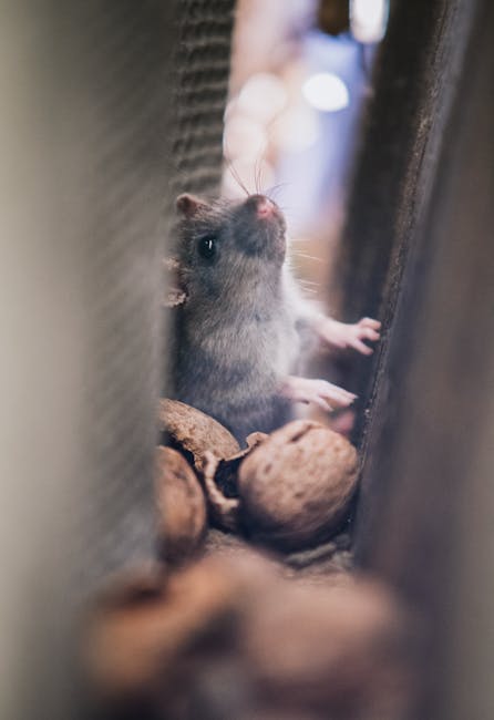 A close-up of a small rodent, likely a field mouse or similar species, situated amid a bed of dry, brown and dark-colored leaves and twigs on the ground. The mouse has light brown and gray fur with a 